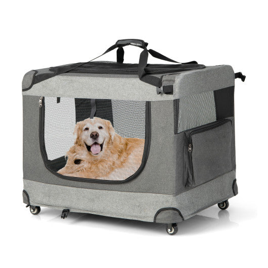 Portable Folding Dog Soft Crate Cat Carrier with 4 Lockable Wheels-XXL