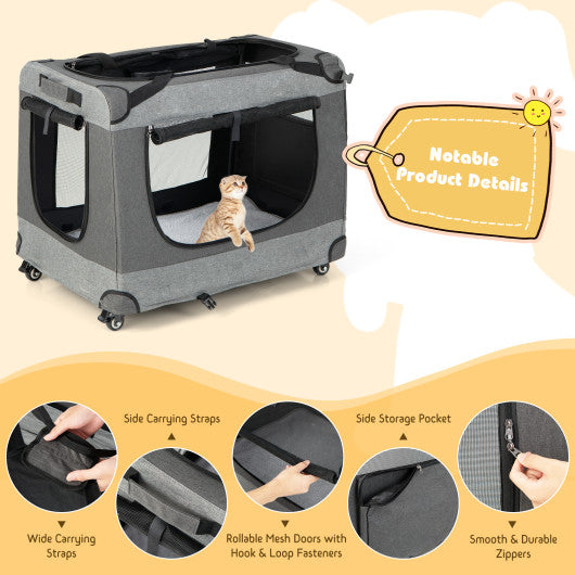 Portable Folding Dog Soft Crate Cat Carrier with 4 Lockable Wheels-XXL