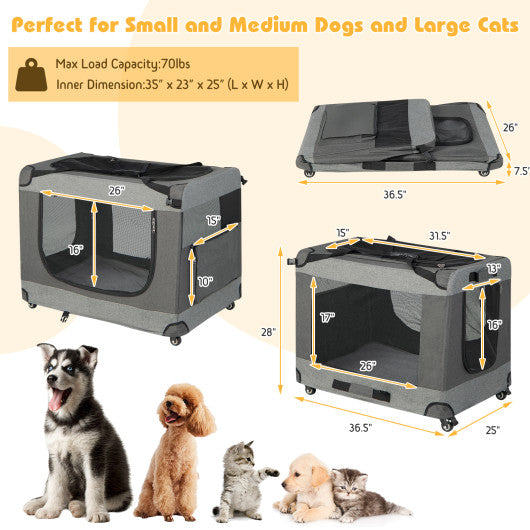 Portable Folding Dog Soft Crate Cat Carrier with 4 Lockable Wheels-XXL