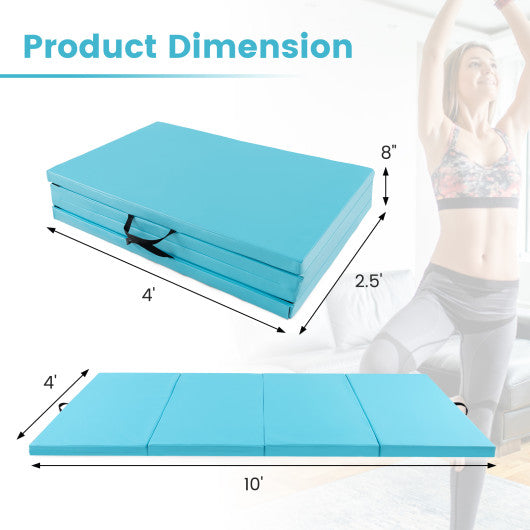 4-Panel PU Leather Folding Exercise Mat with Carrying Handles-Blue