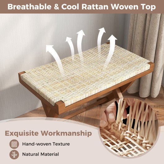 Folding Natural Rattan Ottoman with Hand-woven Seat