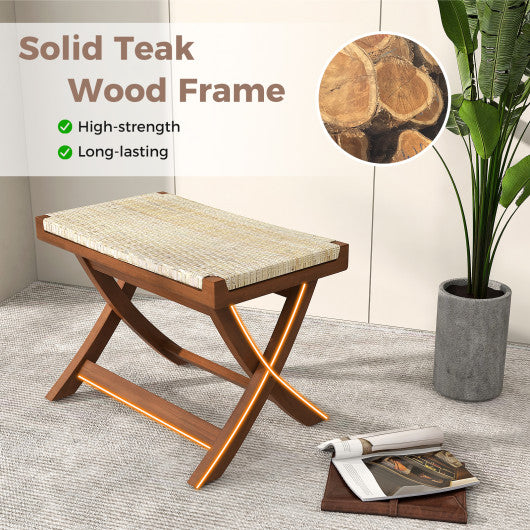 Folding Natural Rattan Ottoman with Hand-woven Seat