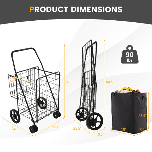 Folding Rolling Shopping Cart with Waterproof Liner and Basket-Black