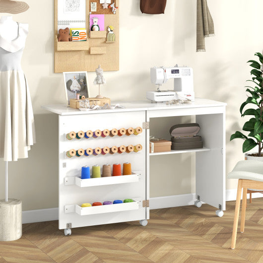 Folding Sewing Table with Storage Shelf and 5 Lockable Wheel-White