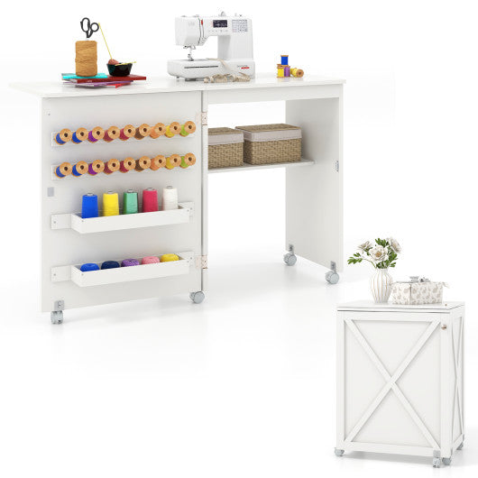 Folding Sewing Table with Storage Shelf and 5 Lockable Wheel-White