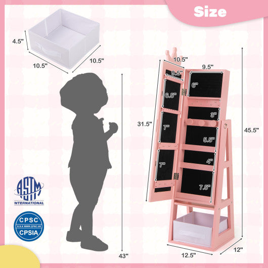 Free-Standing Full Length Kids Jewelry Armoire Cabinet with Storage Capacity-Pink