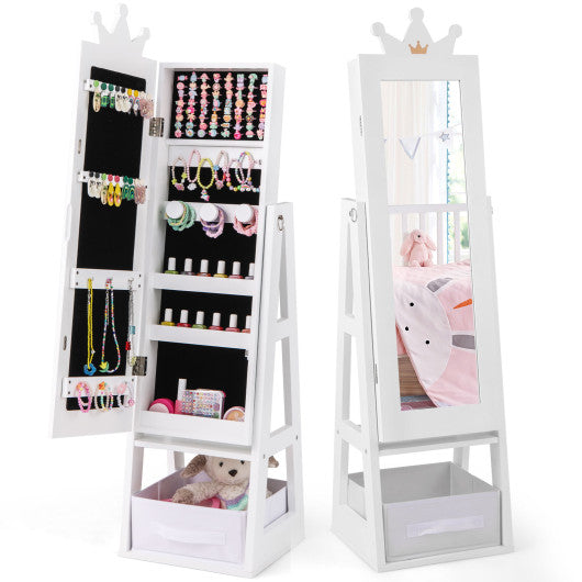 Free-Standing Full Length Kids Jewelry Armoire Cabinet with Storage Capacity-White