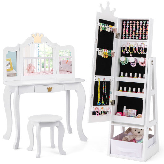Free-Standing Full Length Kids Jewelry Armoire Cabinet with Storage Capacity-White