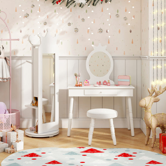 Free-Standing Full Length Mirror Kids Jewelry Armoire Cabinet-White