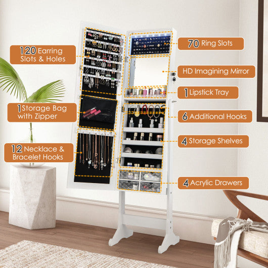 Free Standing Full Length Jewelry Armoire with LED Lights-White