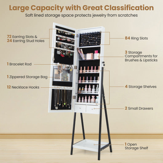 LED Standing Jewelry Mirror Cabinet with 3-Color Lighted Full-Length Mirror-White