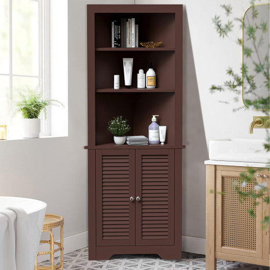 Free Standing Tall Bathroom Corner Storage Cabinet with 3 Shelves-Brown