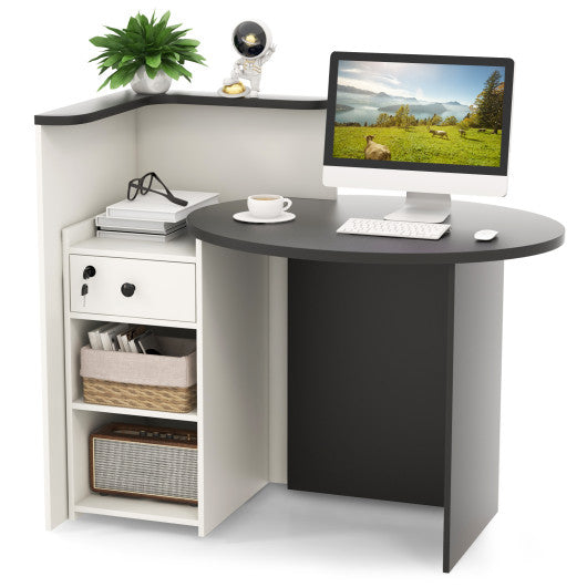 Front Reception Office Desk with Open Shelf and Lockable Drawer-Black & White