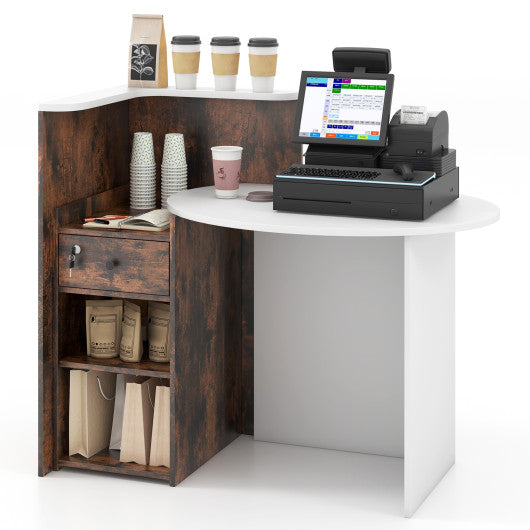 Front Reception Office Desk with Open Shelf and Lockable Drawer-Rustic Brown