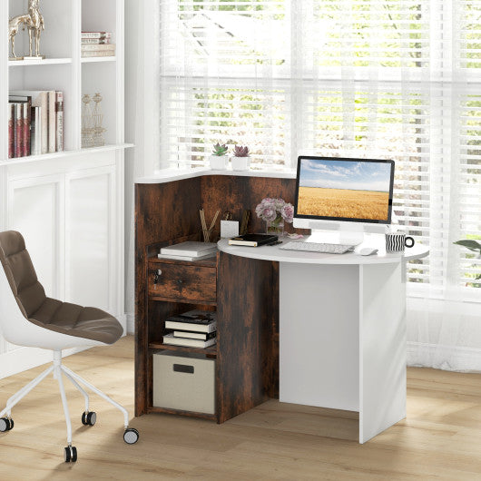 Front Reception Office Desk with Open Shelf and Lockable Drawer-Rustic Brown