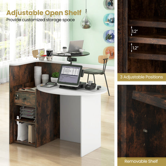 Front Reception Office Desk with Open Shelf and Lockable Drawer-Rustic Brown