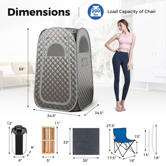 Full-Body Personal Sauna Tent with 1000W 3L Steam Generator for Home Spa Relaxation-Gray