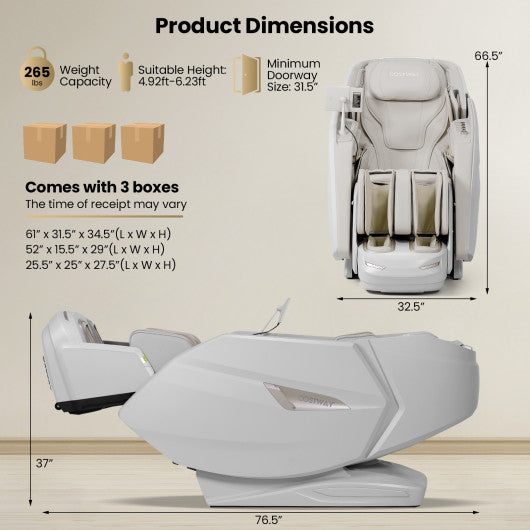 4D Dual Roller System Flexible Track Zero Gravity Full Body Massage Chair with Heart Rate Monitor and Health Detecti-White