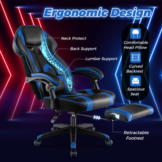 Gaming Chair Racing Style Swivel Chair with Footrest and Adjustable Lumbar Pillow-Blue