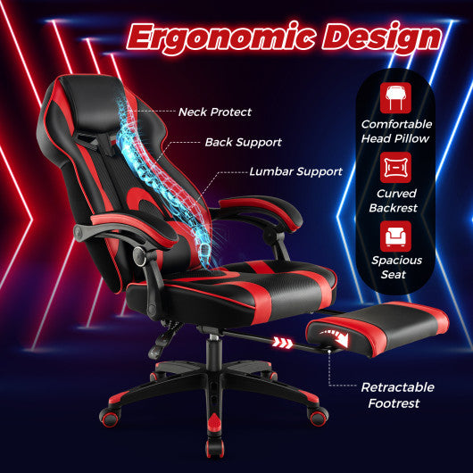 Gaming Chair Racing Style Swivel Chair with Footrest and Adjustable Lumbar Pillow-Red