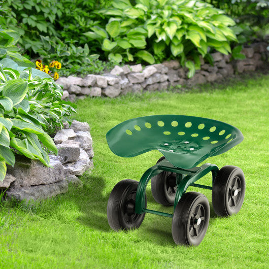 Garden Rolling Workseat with 360°Swivel Seat and Adjustable Height-Green