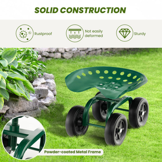 Garden Rolling Workseat with 360°Swivel Seat and Adjustable Height-Green