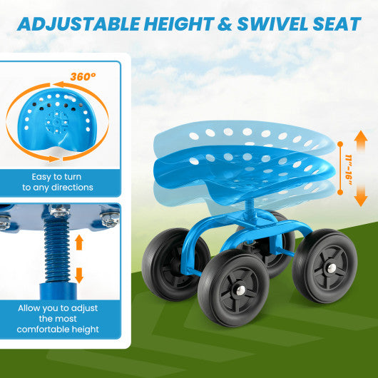 Garden Rolling Workseat with 360° Swivel Seat and Adjustable Height-Blue