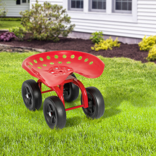 Garden Rolling Workseat with 360° Swivel Seat and Adjustable Height-Red