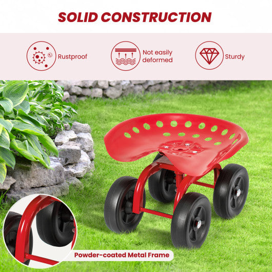 Garden Rolling Workseat with 360° Swivel Seat and Adjustable Height-Red