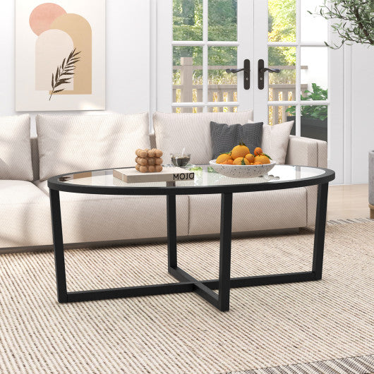 Glass Coffee Table Oval Living Room Table with Cross Base and Acacia Wood Legs-Black