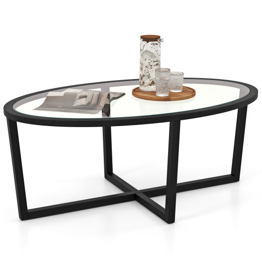 Glass Coffee Table Oval Living Room Table with Cross Base and Acacia Wood Legs-Black