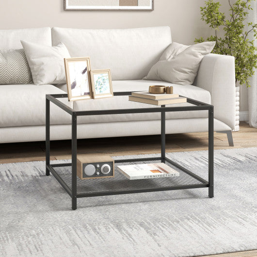 Modern 2-Tier Square Glass Coffee Table with Mesh Shelf-Transparent