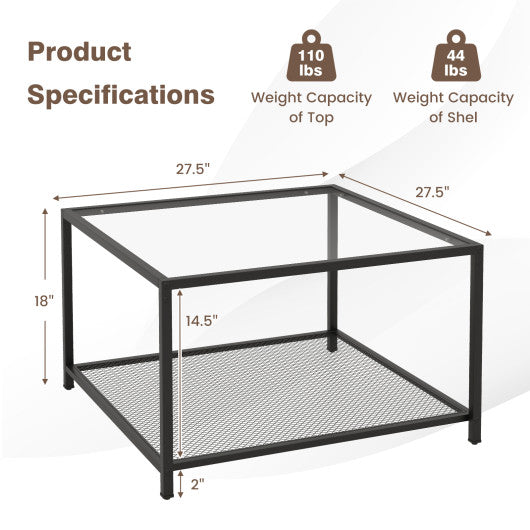 Modern 2-Tier Square Glass Coffee Table with Mesh Shelf-Transparent