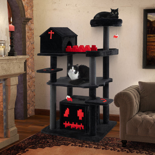 Gothic Cat Tree 49 Inch Tall Cat Tower 6-Tier Cat Activity Center with Coffin Bed-Black