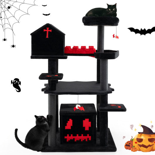 Gothic Cat Tree 49 Inch Tall Cat Tower 6-Tier Cat Activity Center with Coffin Bed-Black