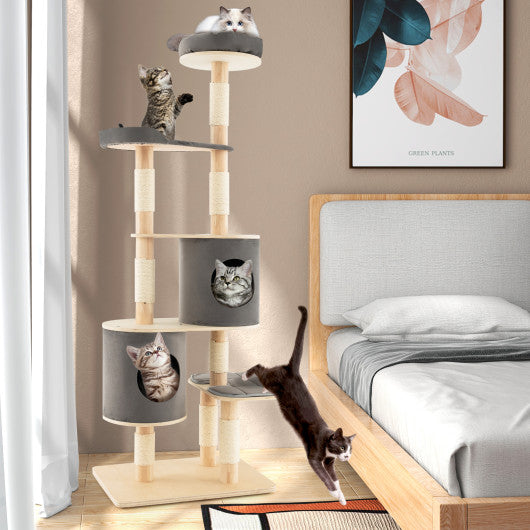 6-Tier Wooden Cat Tree with 2 Removeable Condos Platforms and Perch-Gray