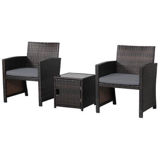 3 Pieces Patio Wicker Furniture Set with Storage Table and Protective Cover-Gray