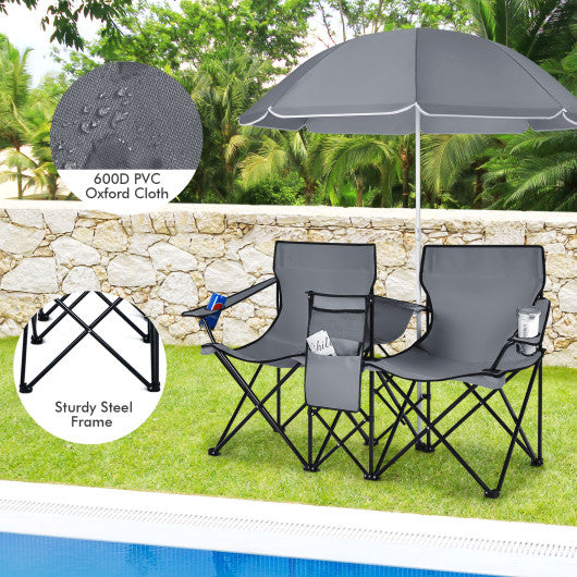 Portable Folding Picnic Double Chair With Umbrella-Gray