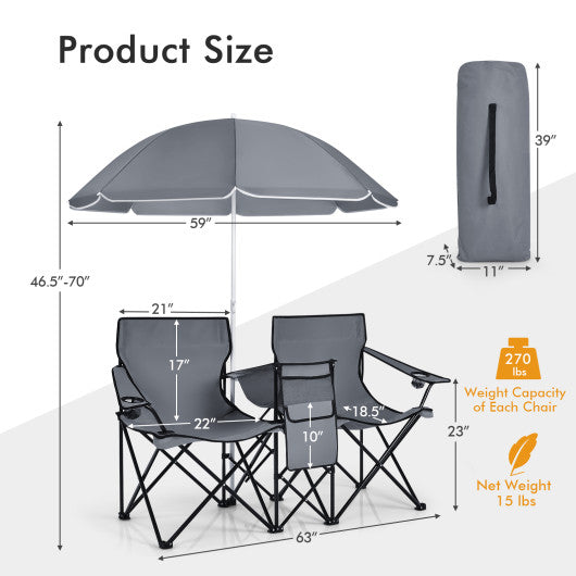 Portable Folding Picnic Double Chair With Umbrella-Gray