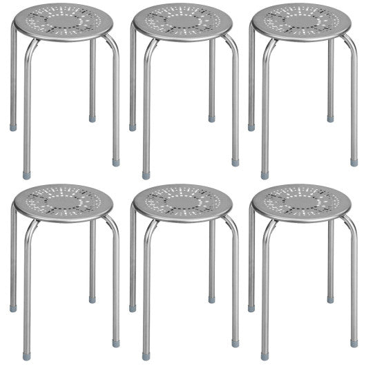 6-Pack Stackable Multifunctional Daisy Design Backless Round Metal Stool Set-Grey