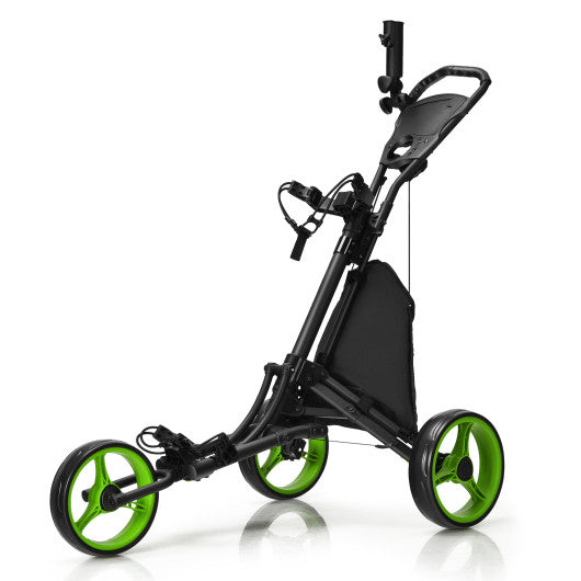 Folding 3 Wheels Golf Push Cart with Bag Scoreboard Adjustable Handle-Green