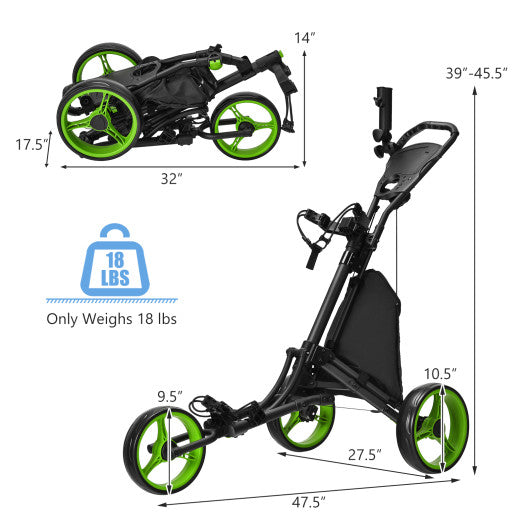 Folding 3 Wheels Golf Push Cart with Bag Scoreboard Adjustable Handle-Green