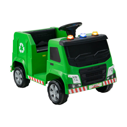 12V Kids Ride-on Garbage Truck with Warning Lights and 6 Recycling Accessories-Green