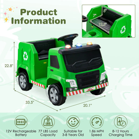 12V Kids Ride-on Garbage Truck with Warning Lights and 6 Recycling Accessories-Green