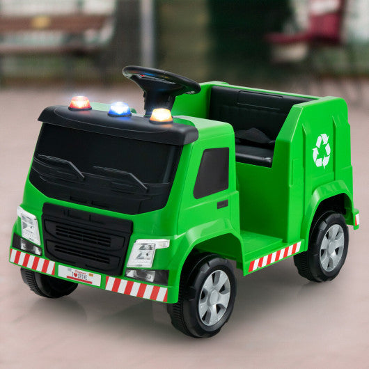 12V Kids Ride-on Garbage Truck with Warning Lights and 6 Recycling Accessories-Green