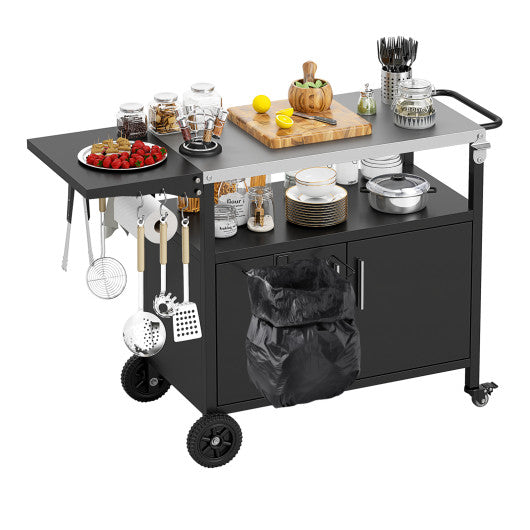 Outdoor Grill Cart with Storage and Folding Stainless Steel Top-Black