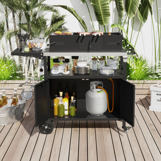 Outdoor Grill Cart with Storage and Folding Stainless Steel Top-Black