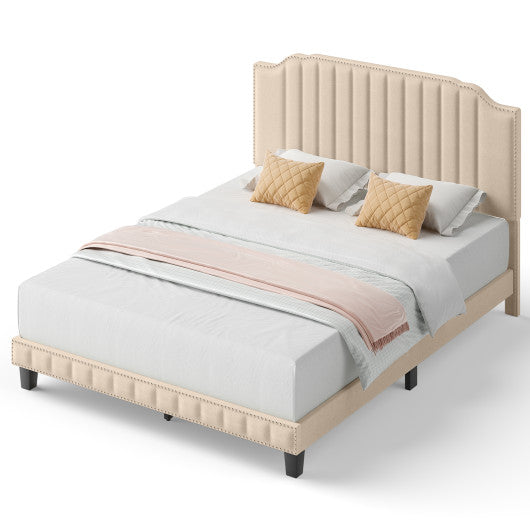 Heavy Duty Upholstered Bed Frame with Rivet Headboard-Queen Size