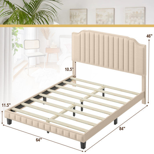Heavy Duty Upholstered Bed Frame with Rivet Headboard-Queen Size