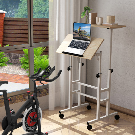 Height-adjustable Mobile Standing Desk with Split Top and Adjustable Angle-Natural